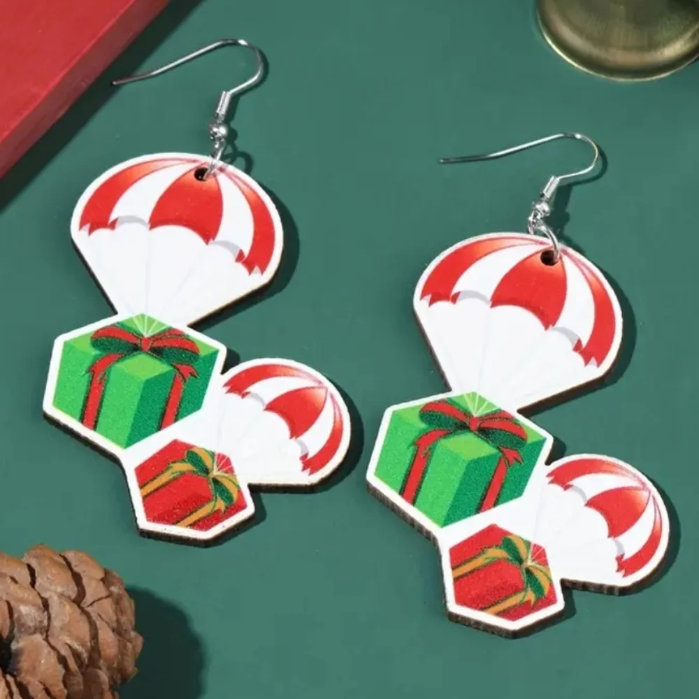 Festive Christmas Parachute Gifts Presents Wooden Womens Dangle Drop Earrings‎
